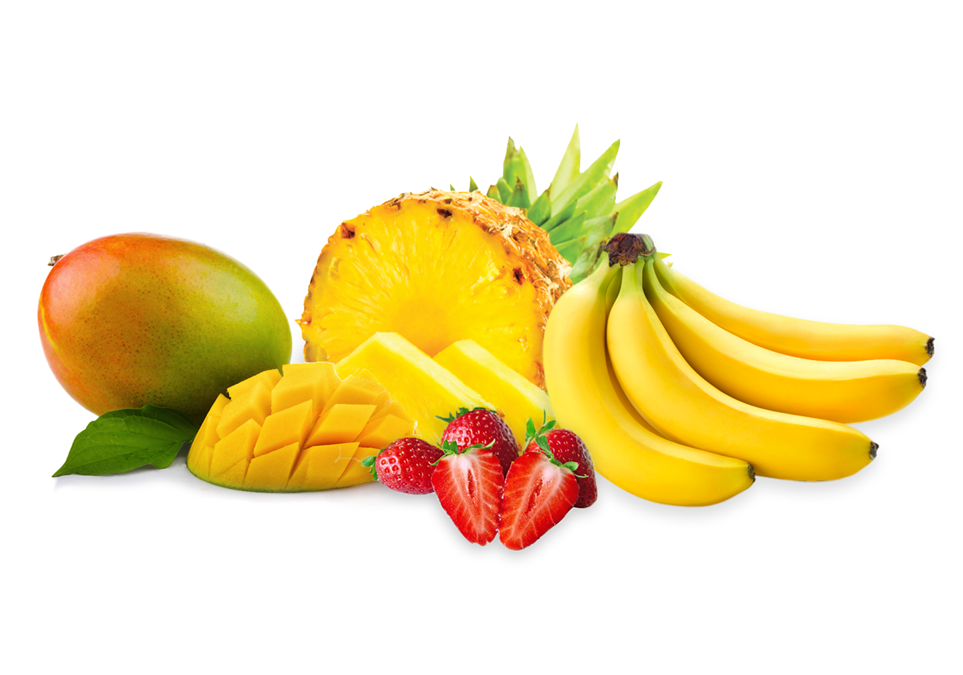 Pineapple, banana, strawberry and mango over a white background.